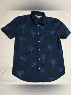 H&M Men's Navy Palm-Print Short Sleeve Button-Up Shirt